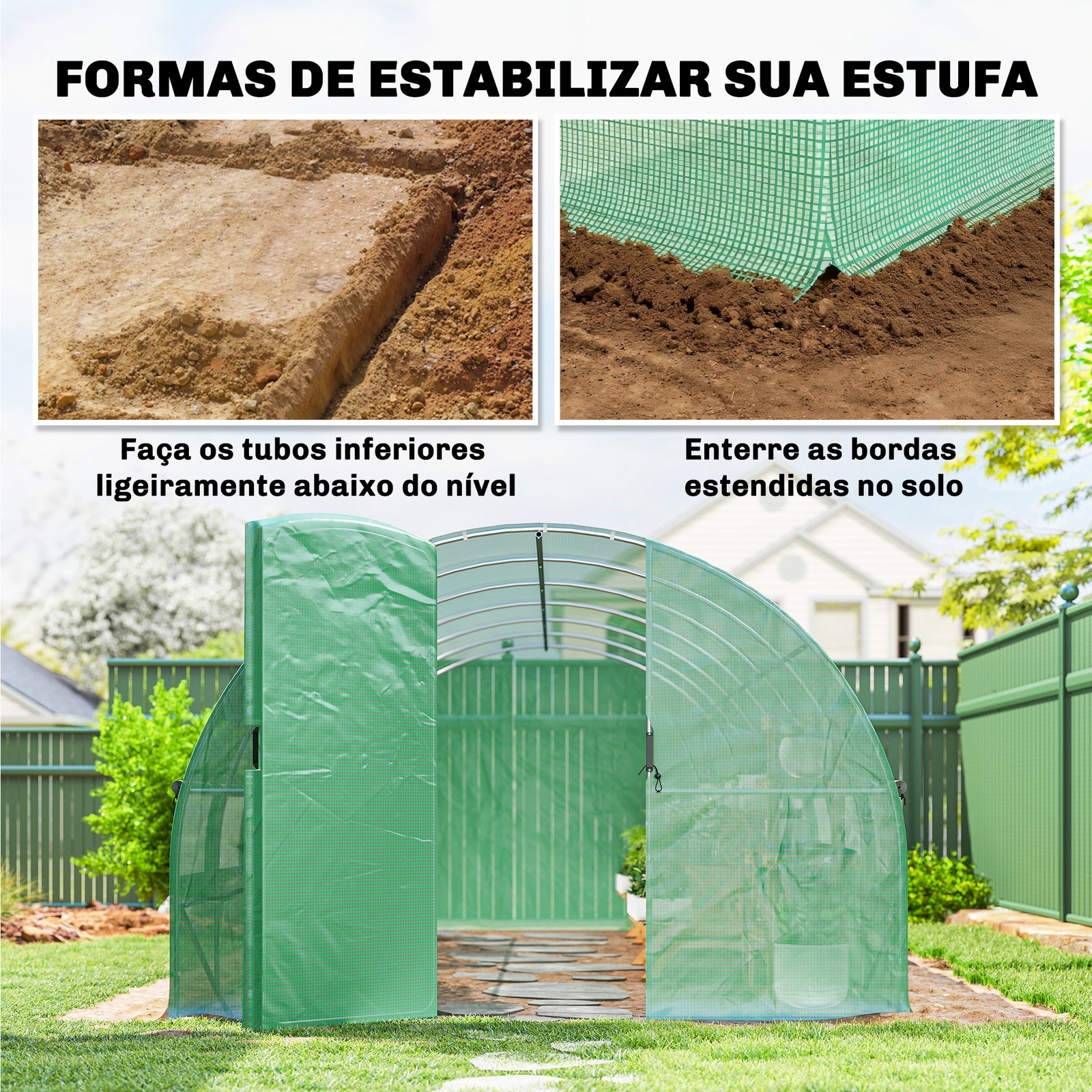 Estufa túnel 6x3x2 m com porta com dobradiças 12 janelas com rede e estrutura de aço galvanizado verde