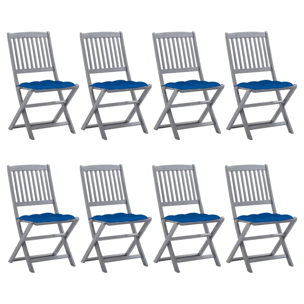 Cadeiras de exterior dobráveis 8pcs c/ almofadões acácia maciça