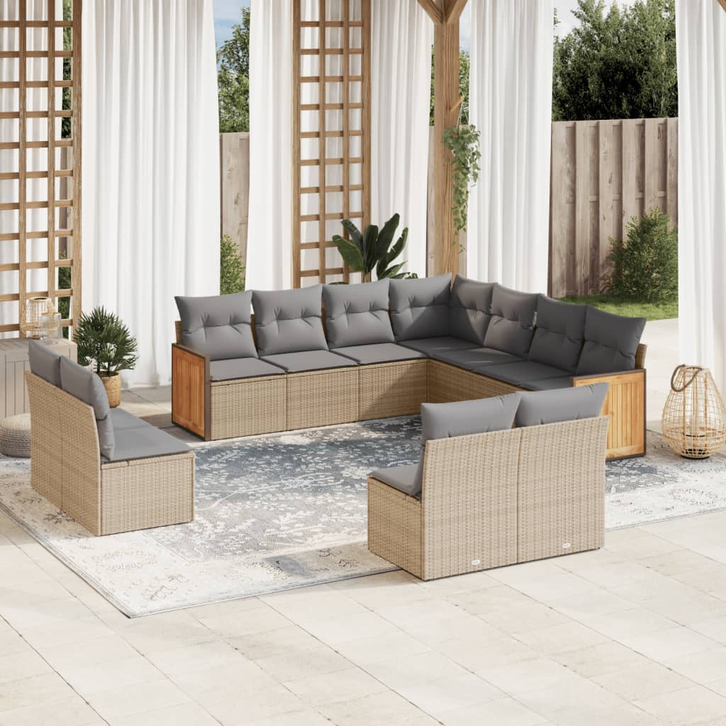 11 Pcs conjunto sofás de jardim c/ almofadões vime PE bege