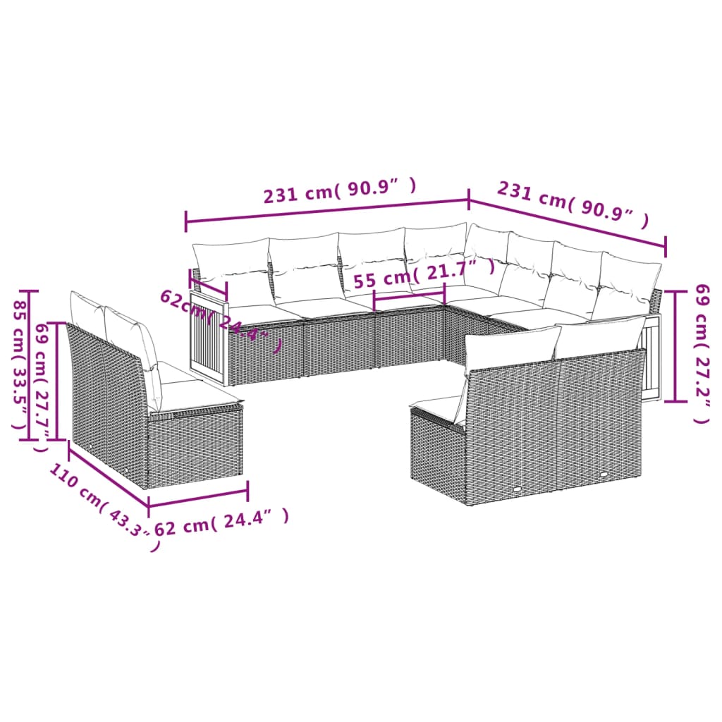 11 Pcs conjunto sofás de jardim c/ almofadões vime PE bege