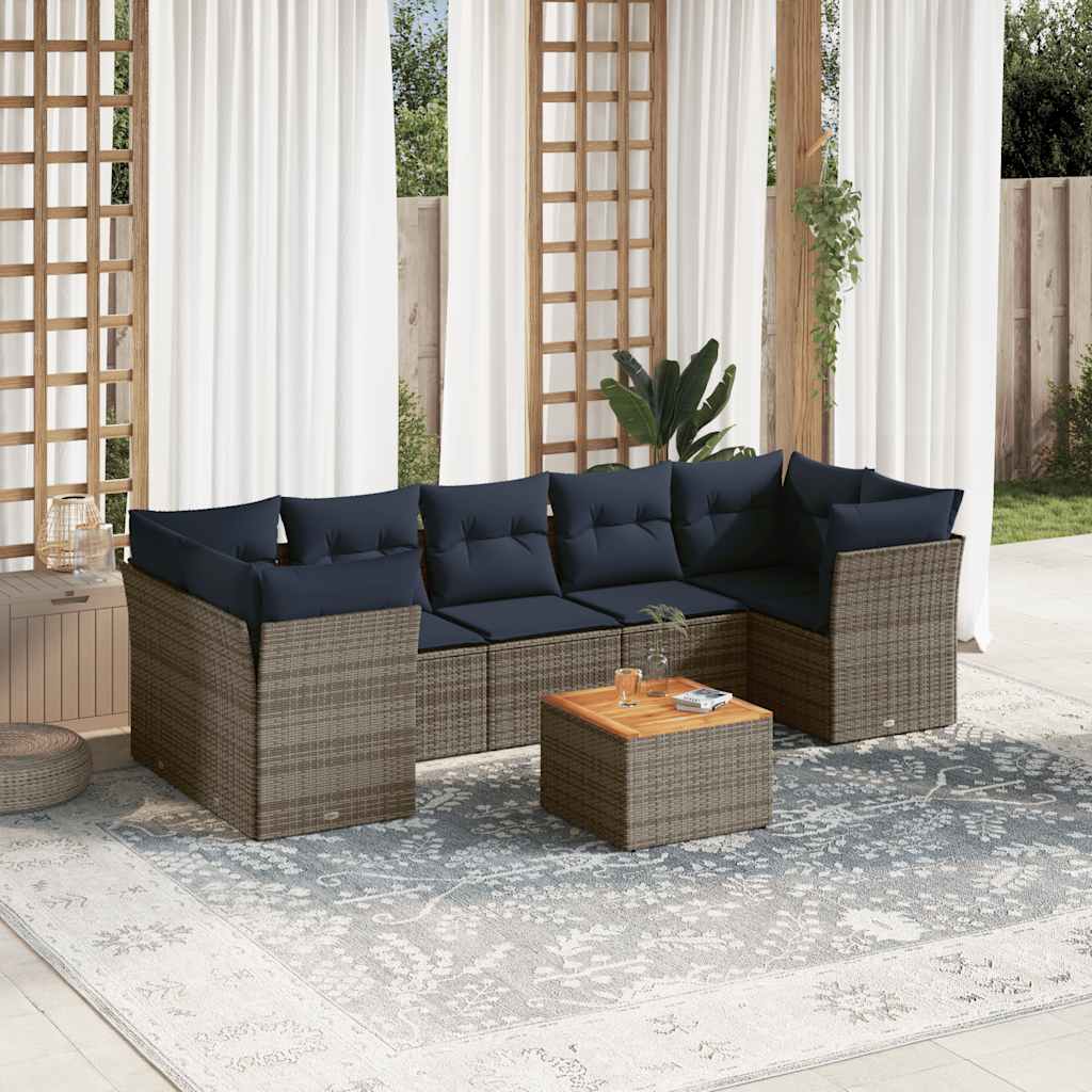 8 Pcs conjunto sofás p/ jardim c/ almofadões vime PE cinzento