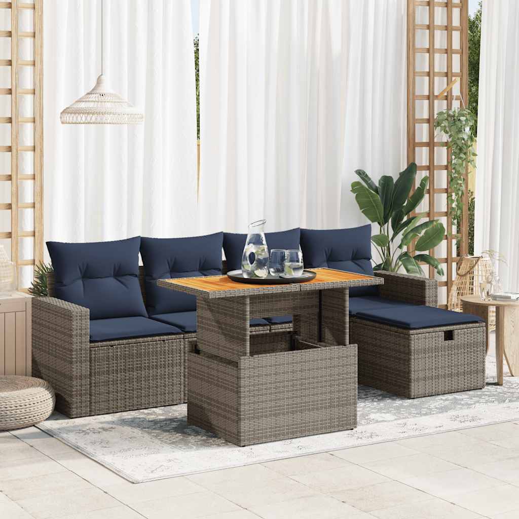 6 Pcs conjunto sofás jardim com almofadões PE/acácia cinzento