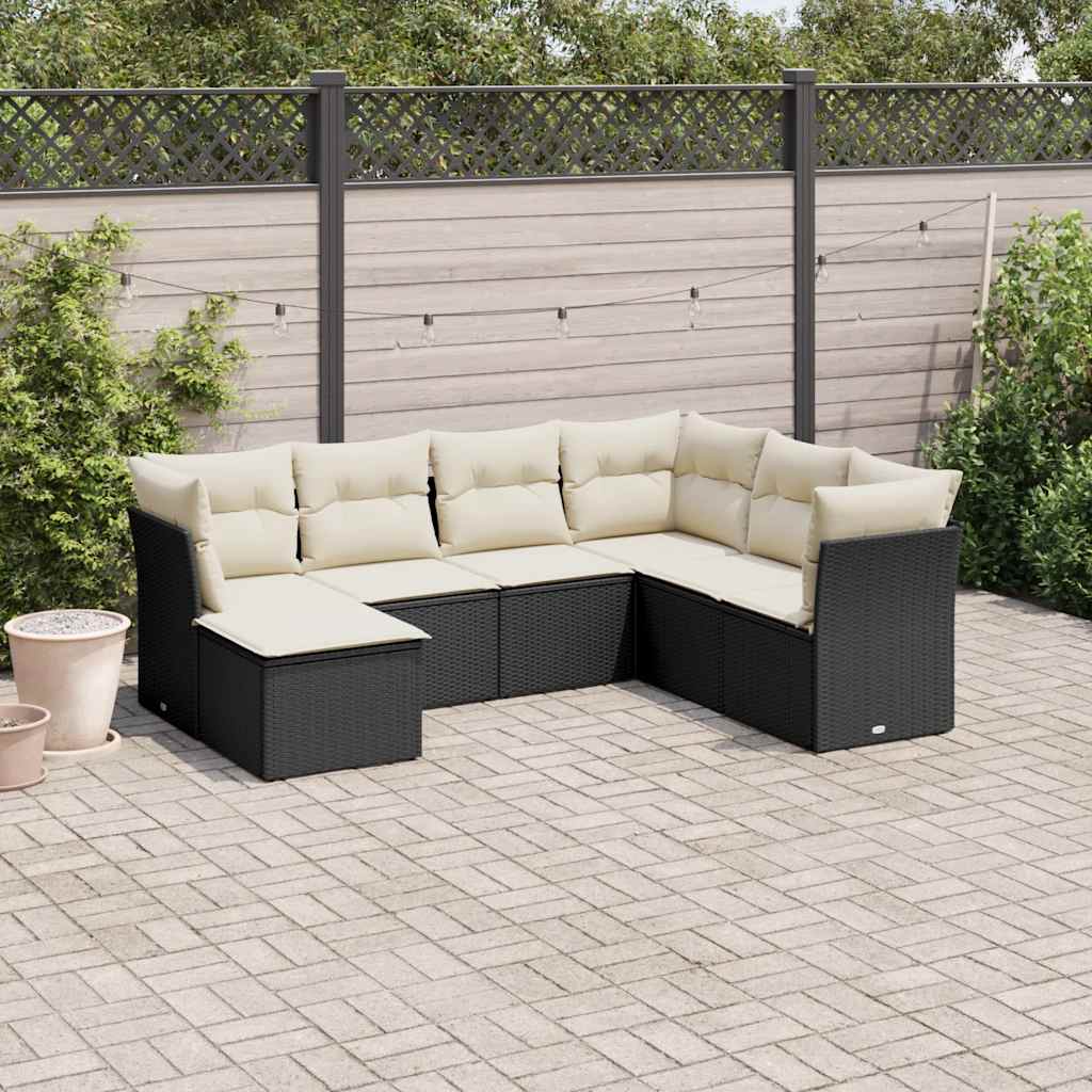 7 Pcs conjunto de sofás p/ jardim c/ almofadões vime PE preto