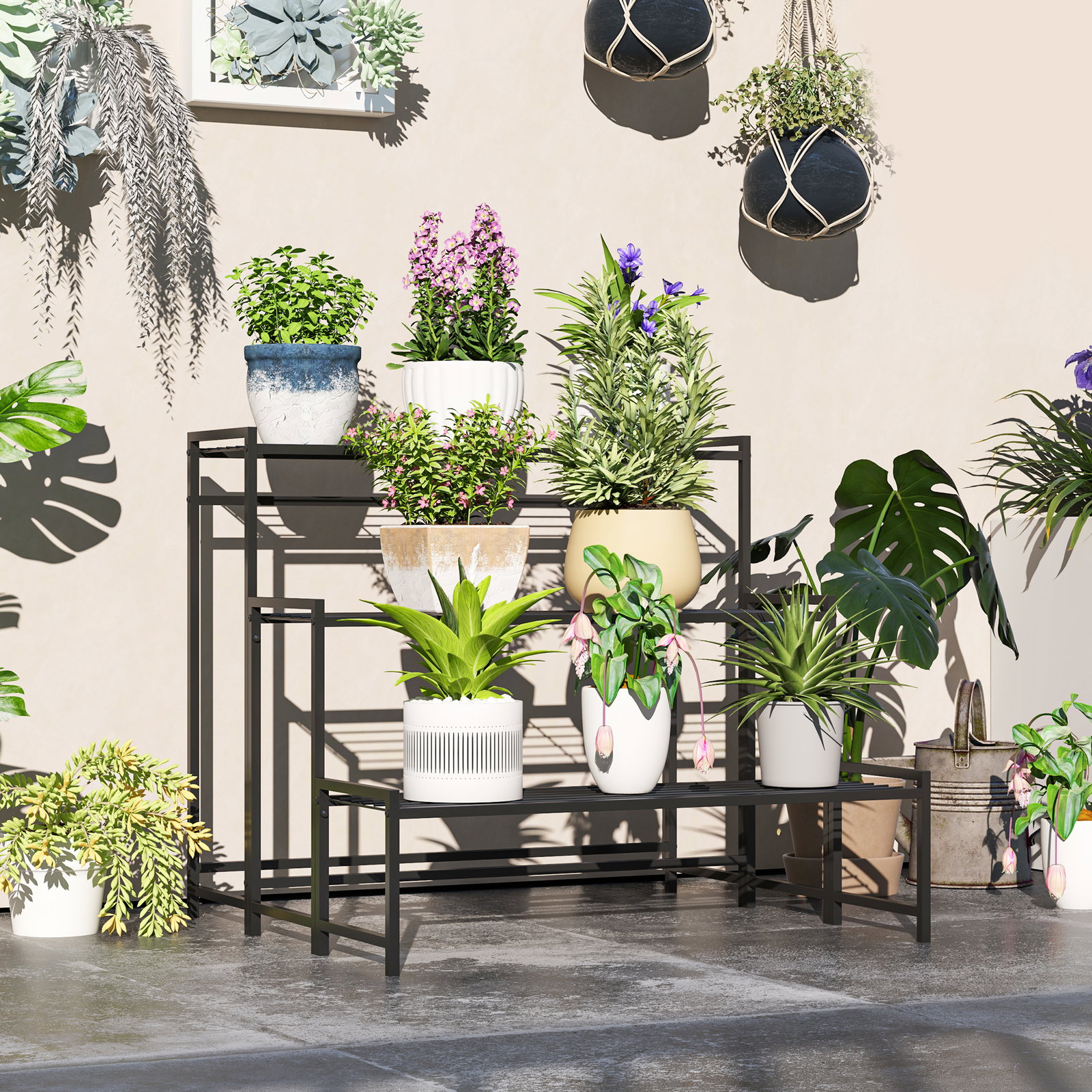 Suporte para plantas de três níveis com design em escada e estrutura metálica resistente para interior e exterior