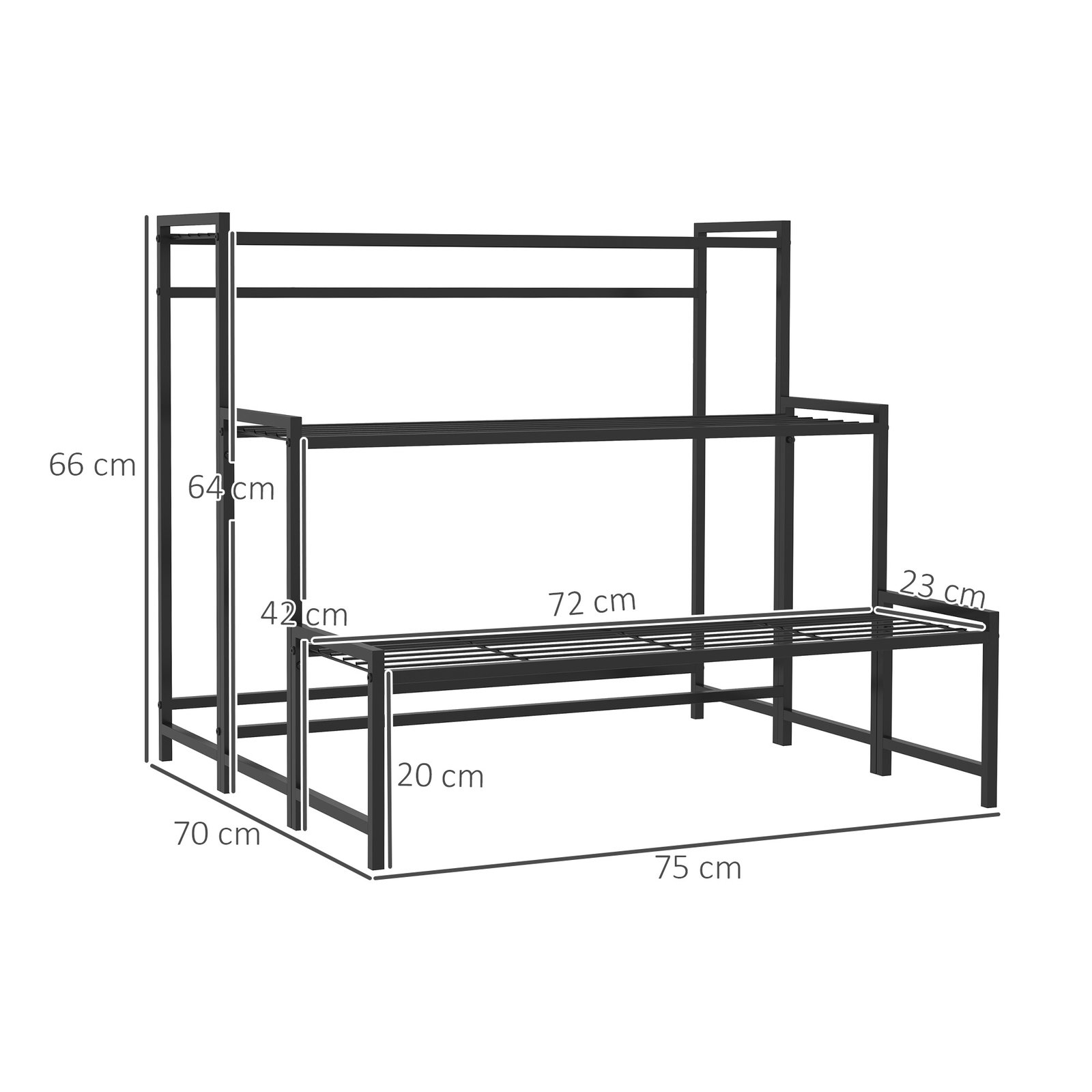 Suporte para plantas de três níveis com design em escada e estrutura metálica resistente para interior e exterior