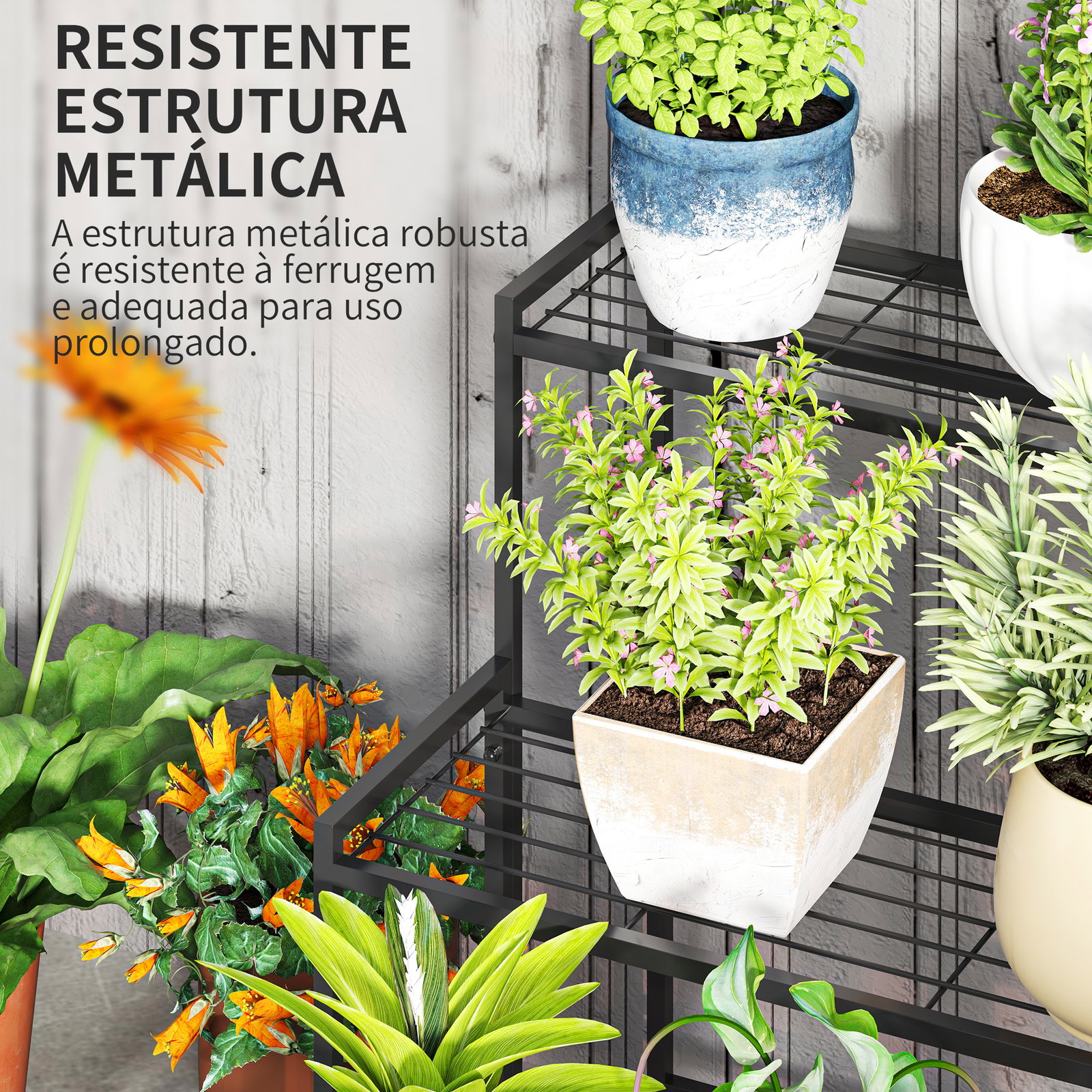 Suporte para plantas de três níveis com design em escada e estrutura metálica resistente para interior e exterior
