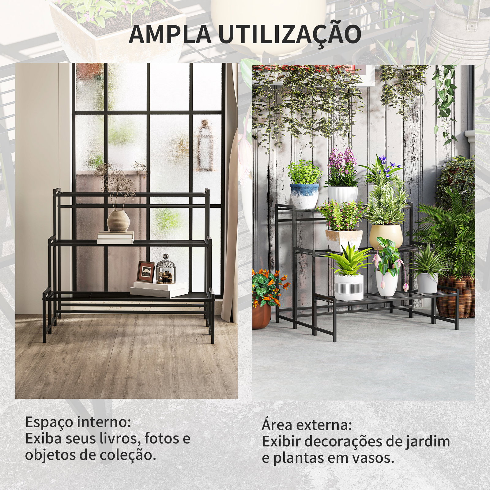 Suporte para plantas de três níveis com design em escada e estrutura metálica resistente para interior e exterior
