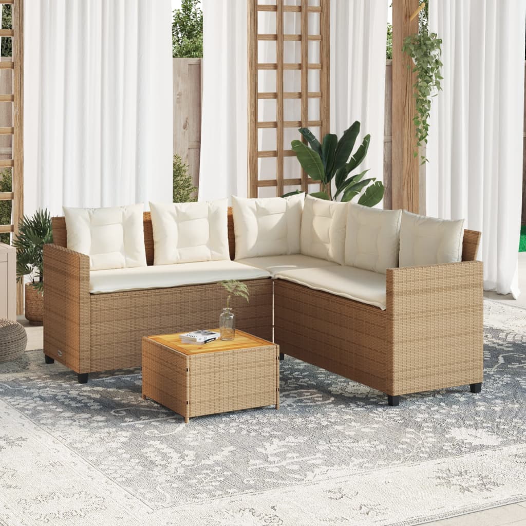 Sofá de jardim forma de l c/ mesa e almofadões vime PE bege