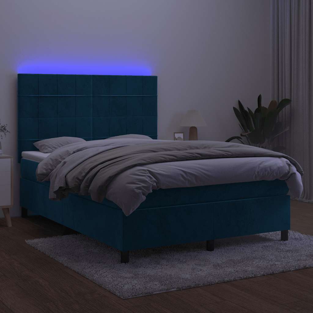 Cama box spring c/ colchão/LED 140x200 cm veludo azul-escuro