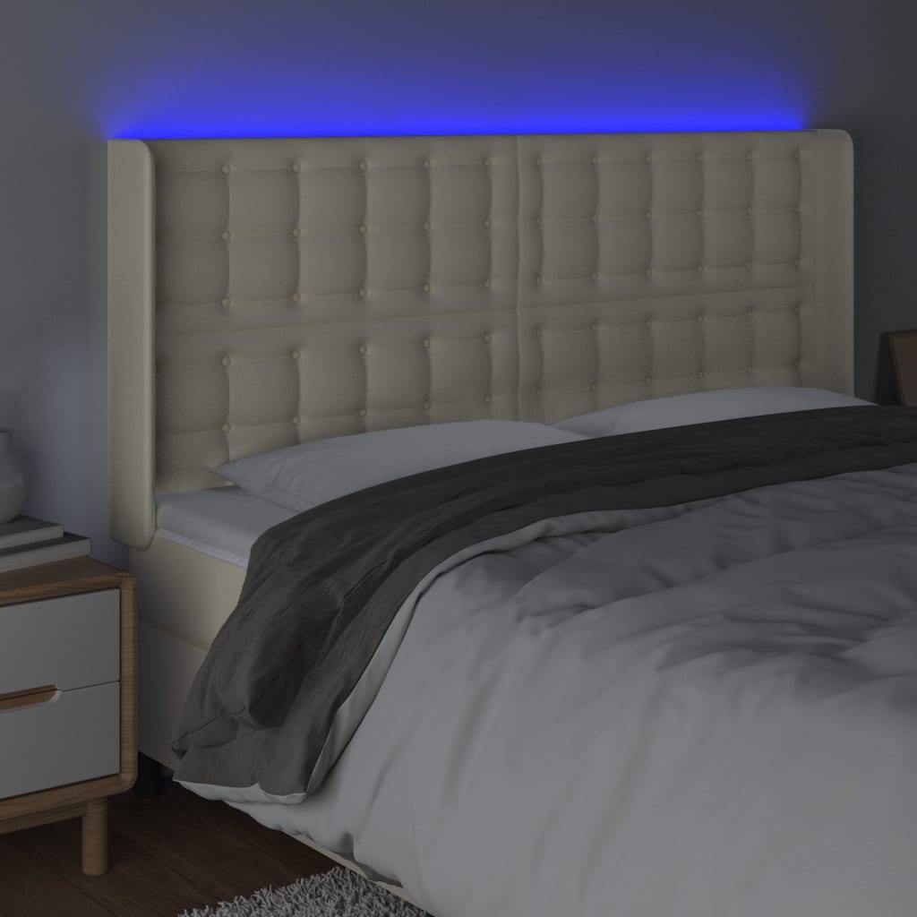 Cabeceira cama c/ LED 163x16x118/128 cm couro artificial crème