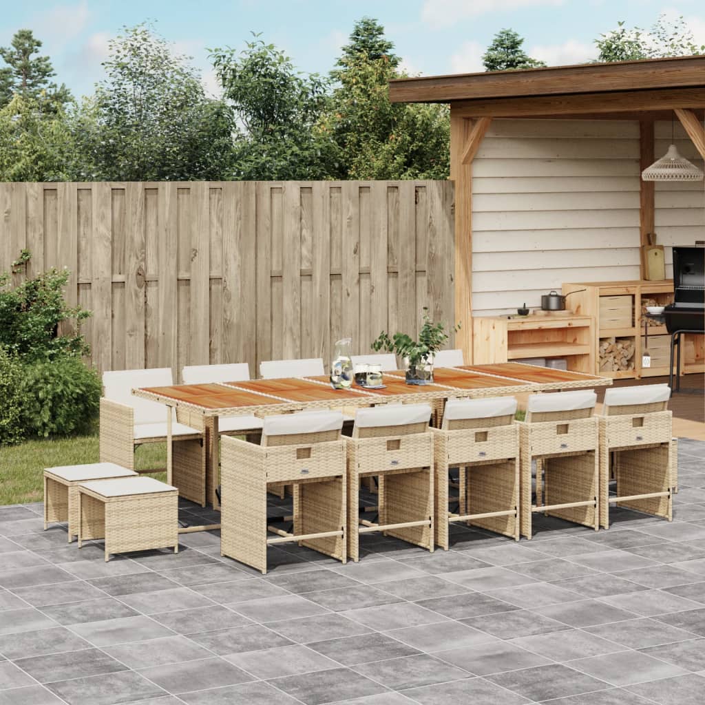 15 Pcs conjunto de jantar p/ jardim com almofadões vime PE bege