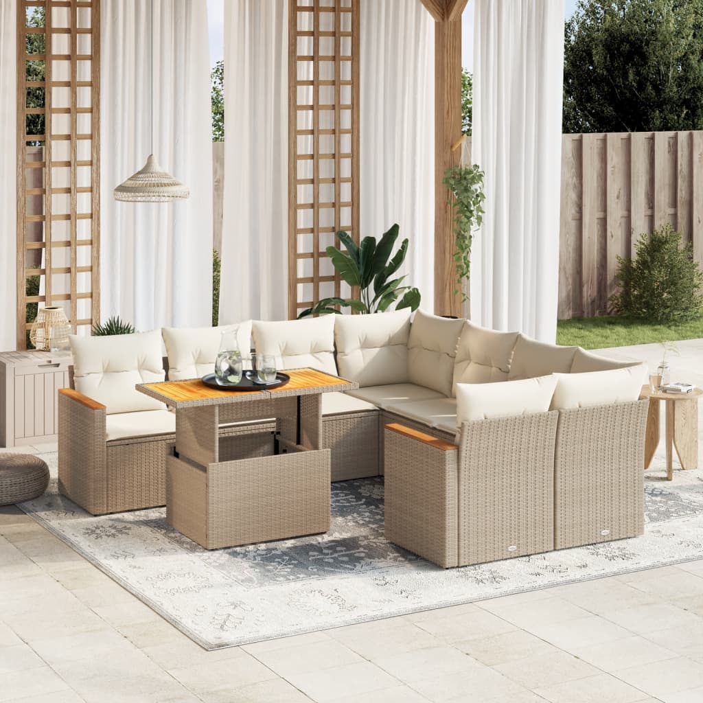 9 Pcs conjunto de sofás p/ jardim com almofadões vime PE bege