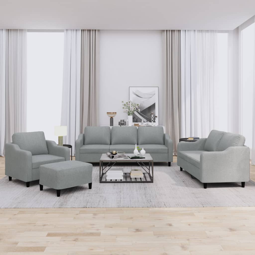4 Pcs conjunto de sofás com almofadões tecido cinzento-claro