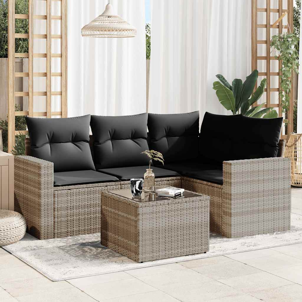 5 Pcs conj. sofás jardim c/ almofadões vime PE cinzento-claro