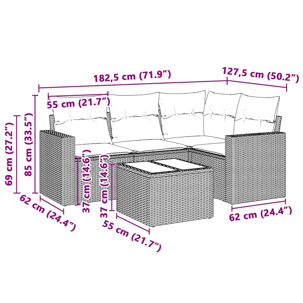 5 Pcs conj. sofás jardim c/ almofadões vime PE cinzento-claro