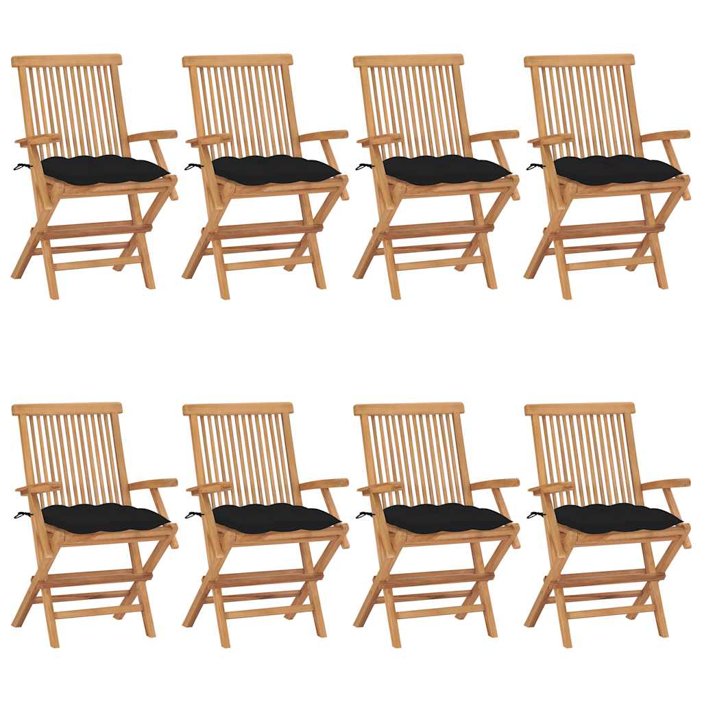 Cadeiras de jardim c/ almofadões pretos 8 pcs teca maciça