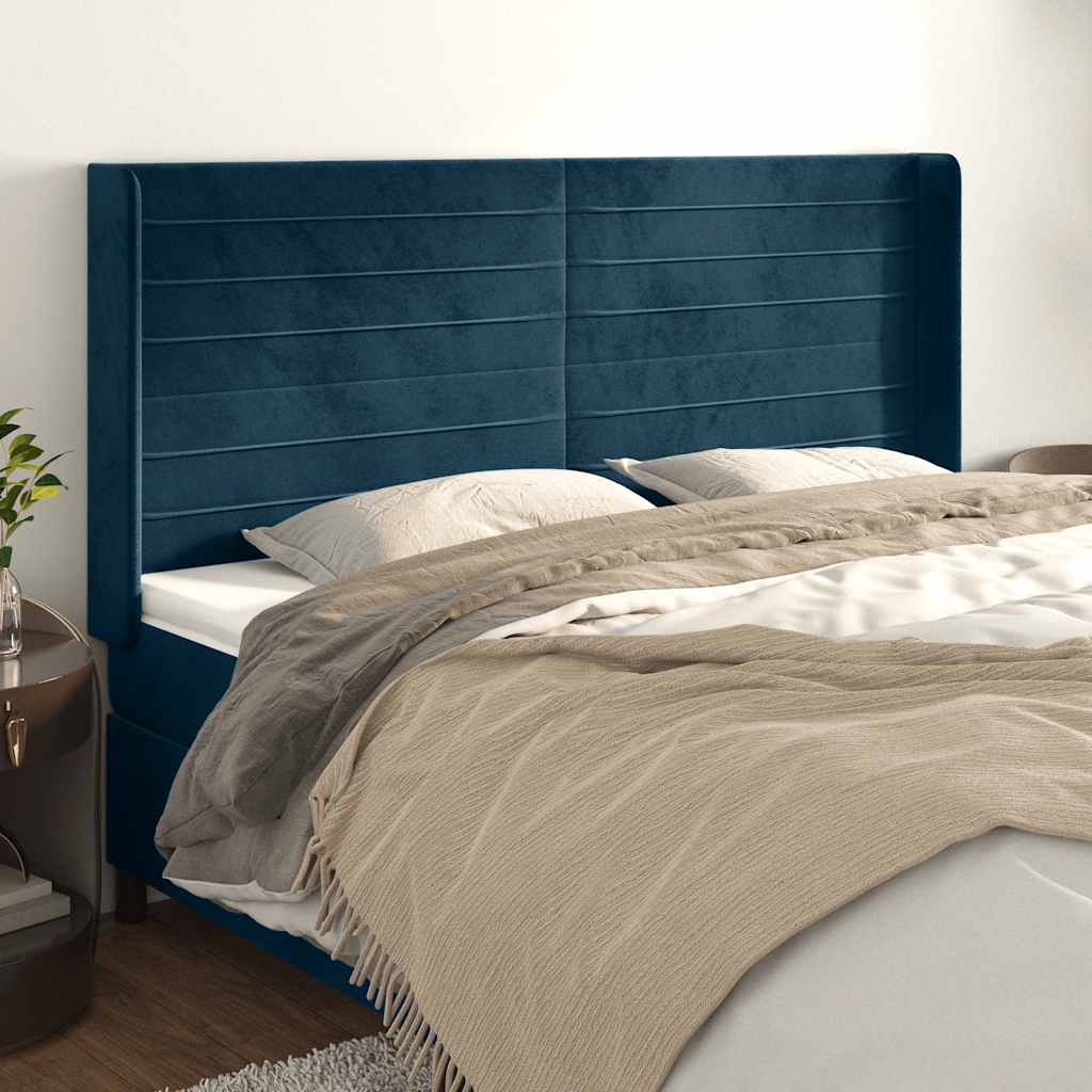 Cabeceira cama c/ abas veludo 163x16x118/128 cm azul-escuro