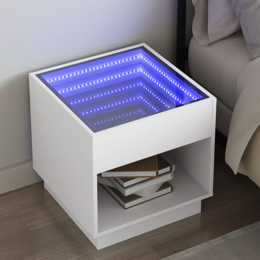 Mesa de cabeceira com luzes LED infinity 50x50x50 cm branco