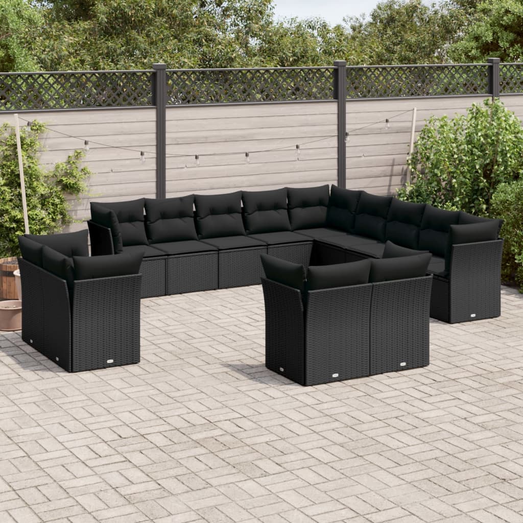 13 Pcs conjunto de sofás de jardim com almofadões vime PE preto