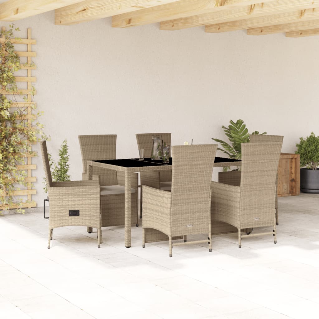 7 Pcs conjunto de jantar p/ jardim com almofadões vime PE bege
