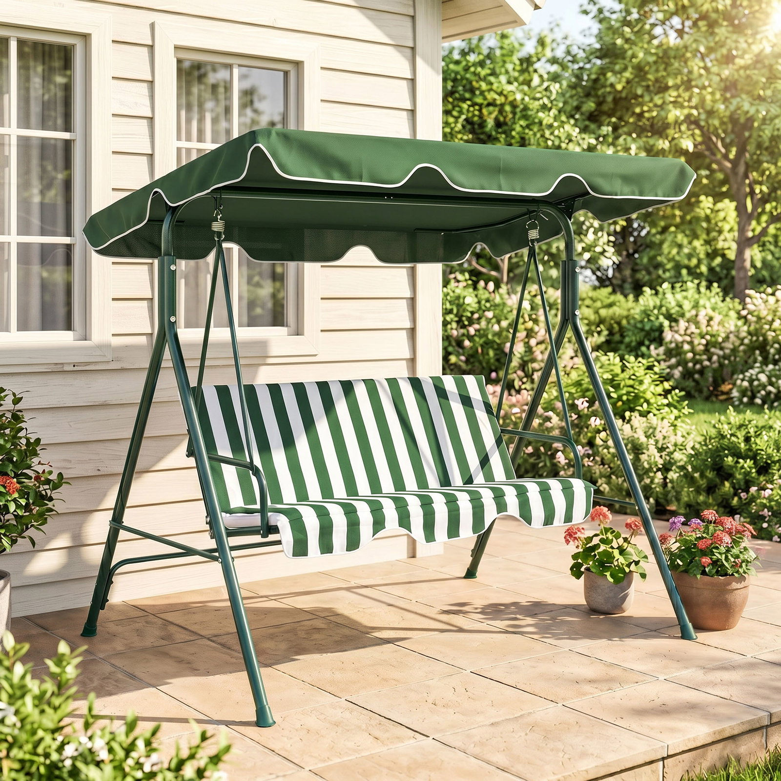 Baloiço de jardim de 3 lugares com almofada toldo ajustável e estrutura de metal 172x110x153cm verde e branco