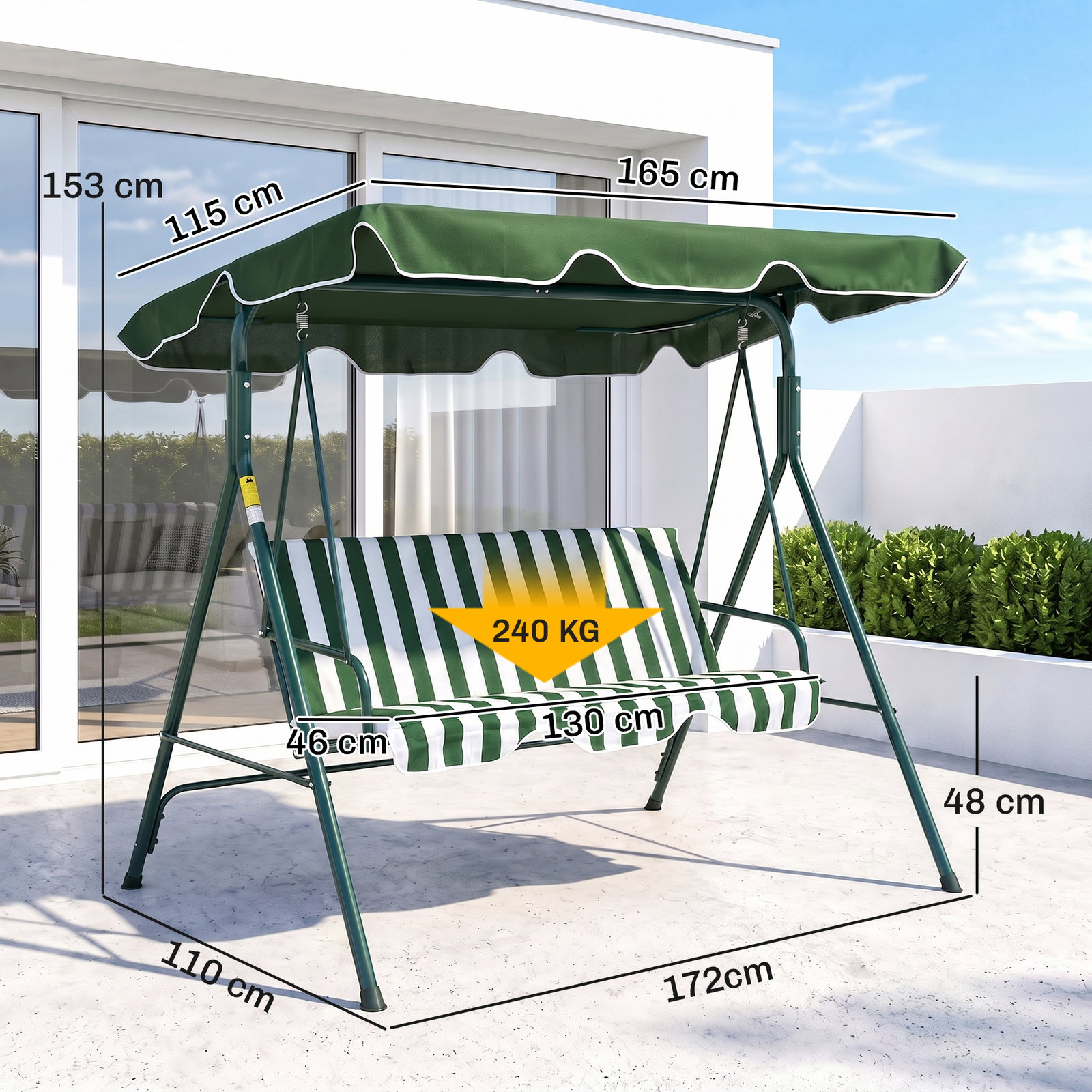 Baloiço de jardim de 3 lugares com almofada toldo ajustável e estrutura de metal 172x110x153cm verde e branco