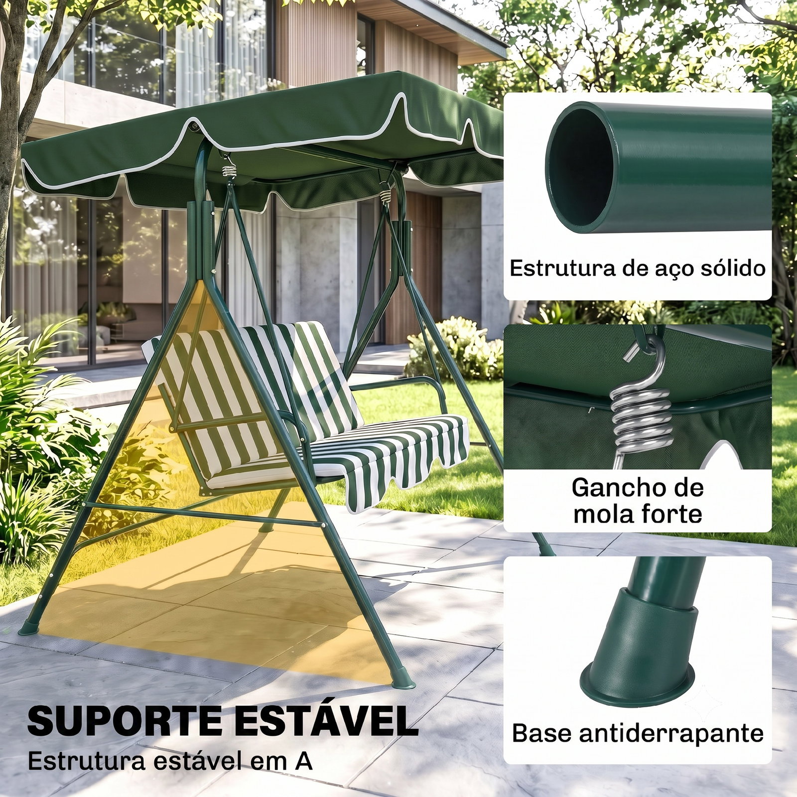 Baloiço de jardim de 3 lugares com almofada toldo ajustável e estrutura de metal 172x110x153cm verde e branco