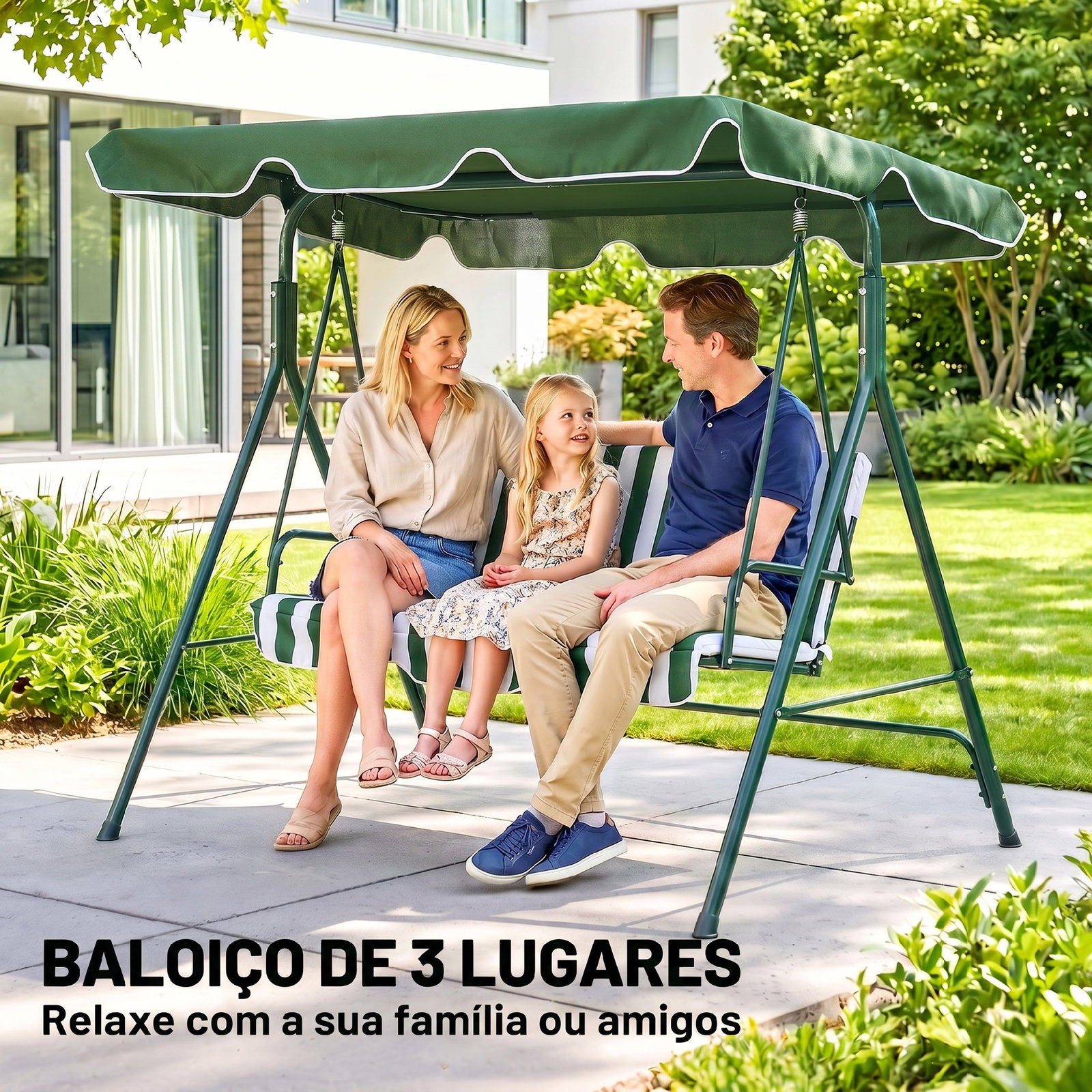 Baloiço de jardim de 3 lugares com almofada toldo ajustável e estrutura de metal 172x110x153cm verde e branco
