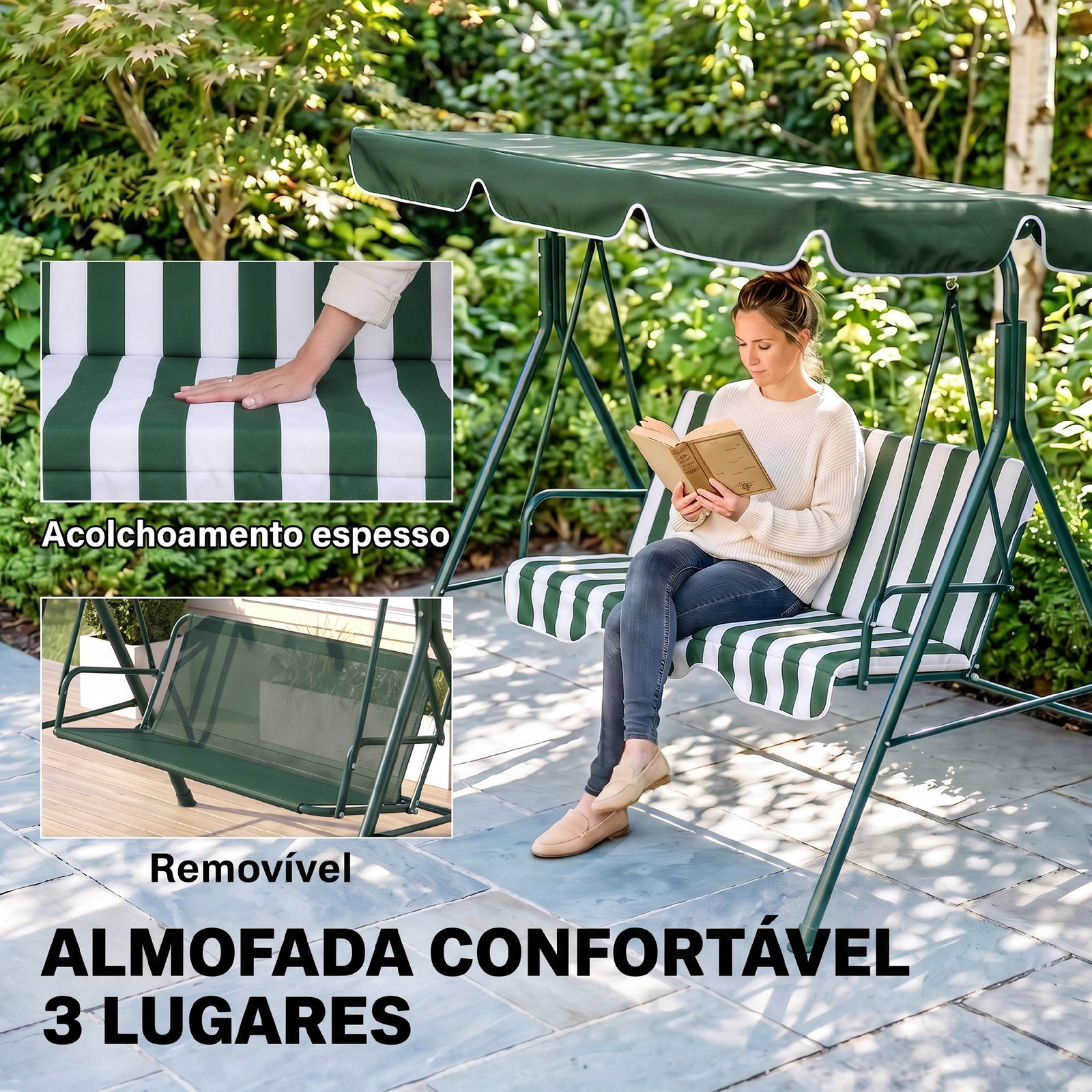 Baloiço de jardim de 3 lugares com almofada toldo ajustável e estrutura de metal 172x110x153cm verde e branco