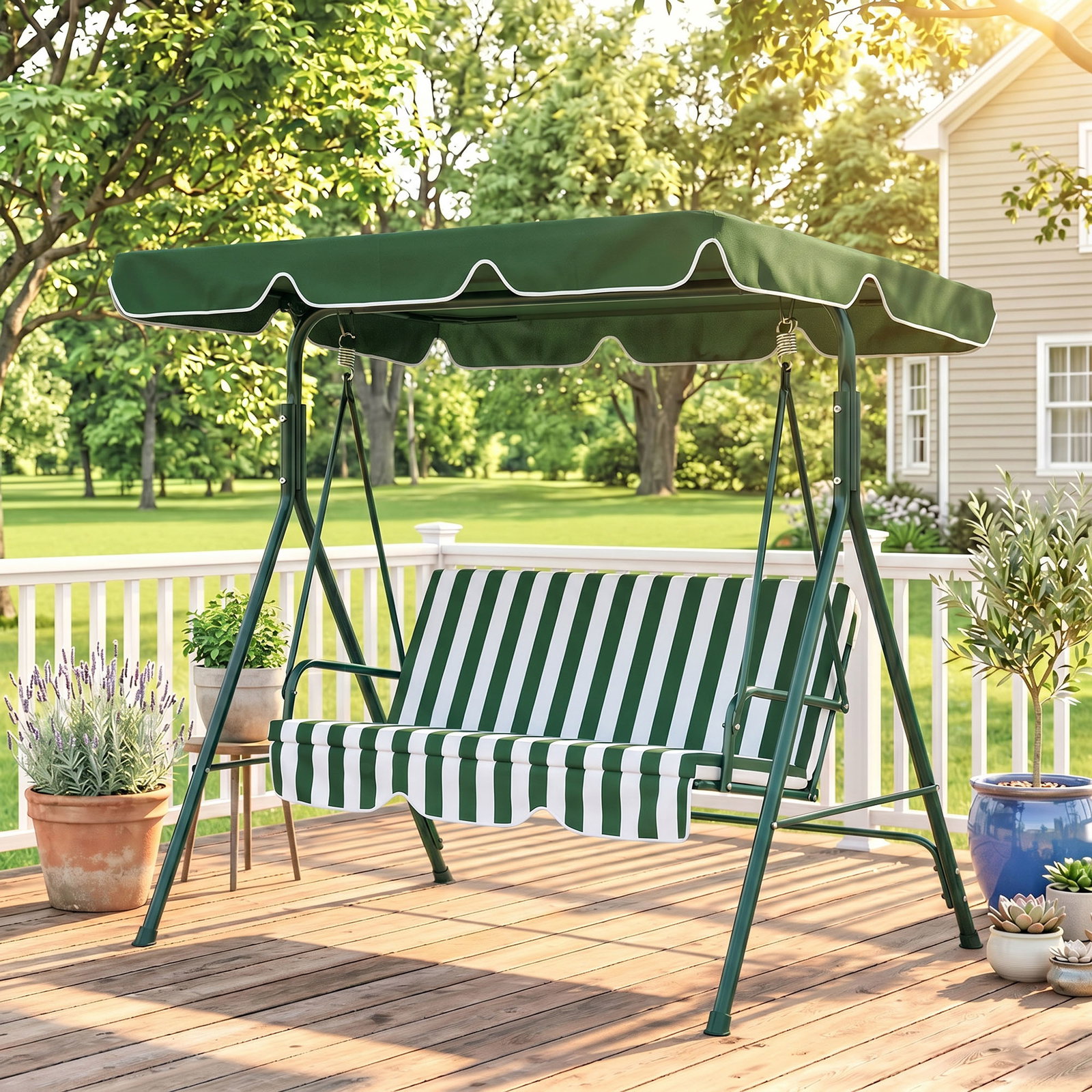 Baloiço de jardim de 3 lugares com almofada toldo ajustável e estrutura de metal 172x110x153cm verde e branco