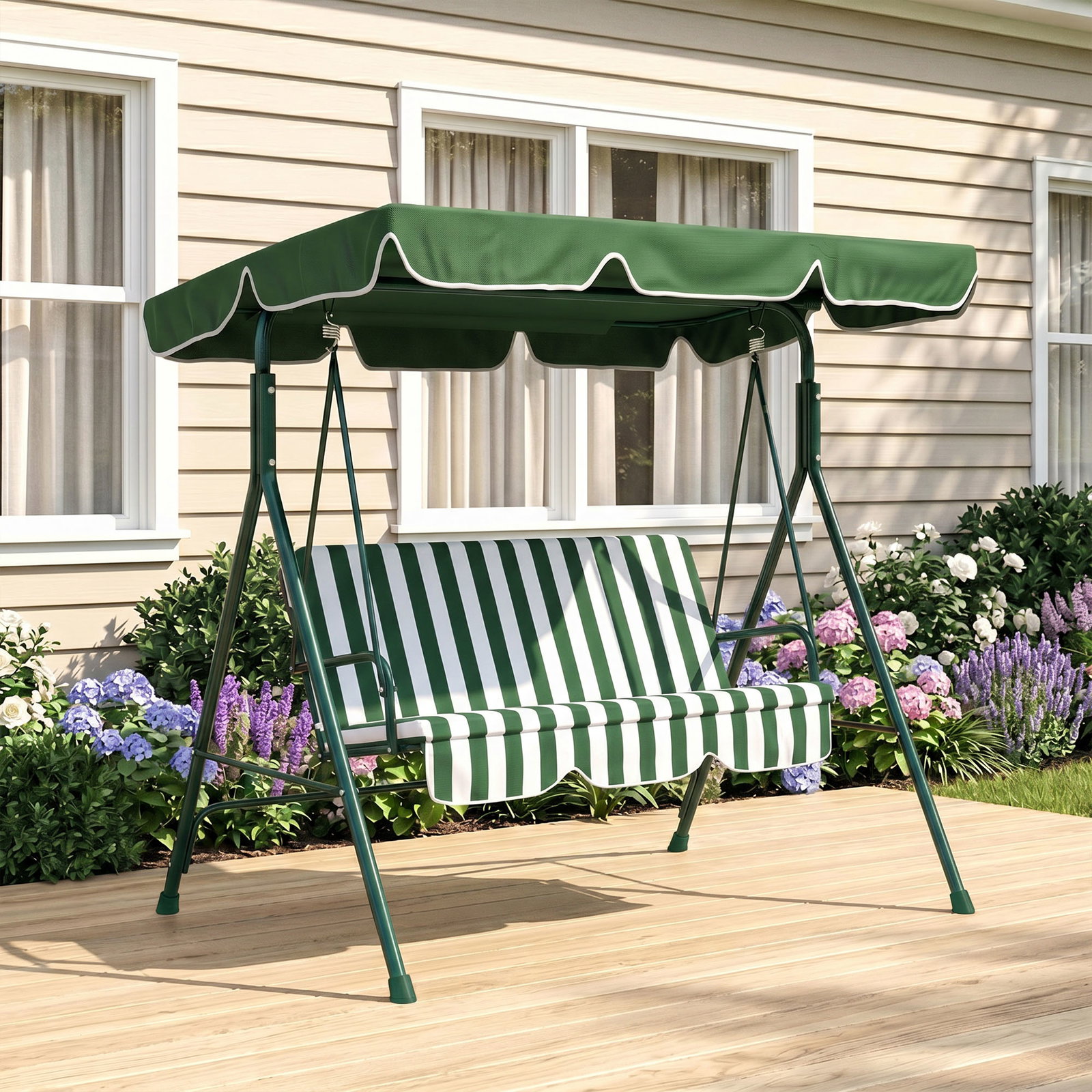 Baloiço de jardim de 3 lugares com almofada toldo ajustável e estrutura de metal 172x110x153cm verde e branco