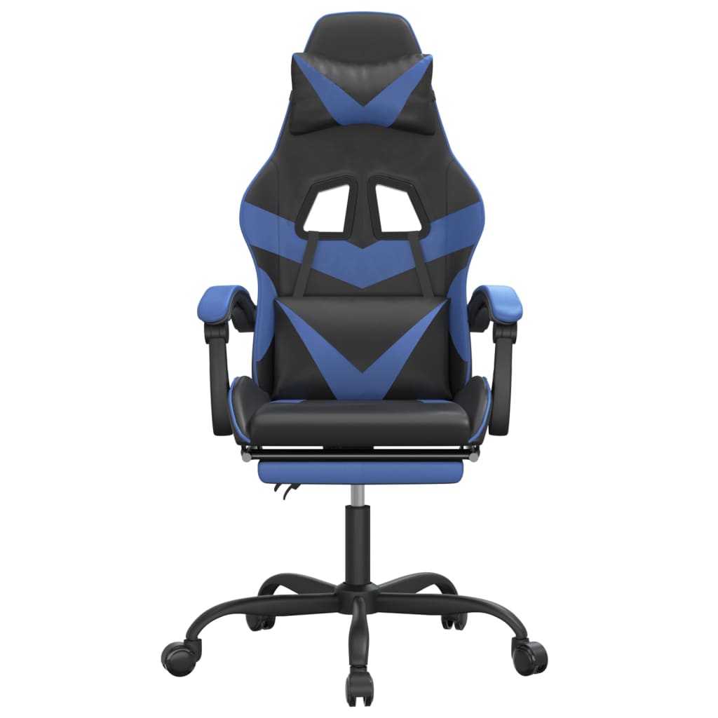 Cadeira gaming giratória c/ apoio pés couro artif. preto/azul