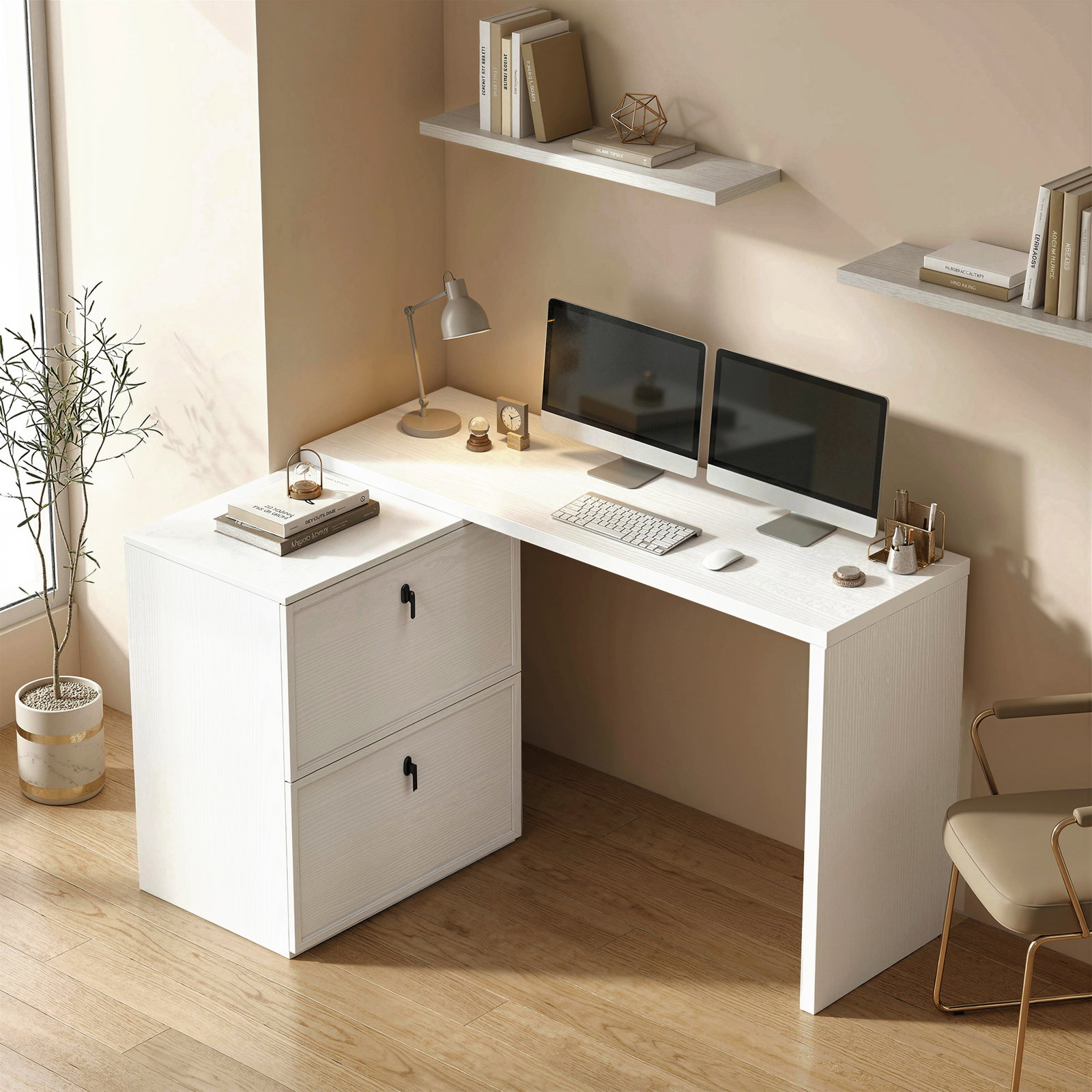 Secretária reversível em forma de l com 2 gavetões arquivadores, design moderno para espaços pequenos, escritório branco