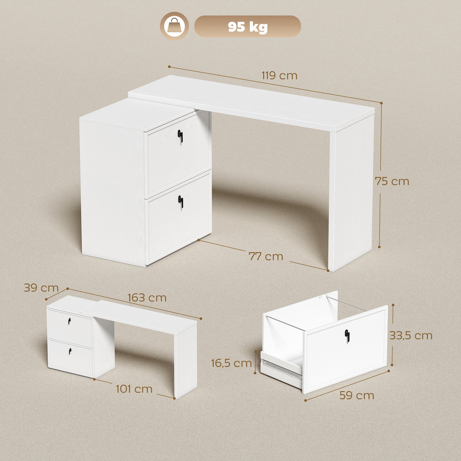 Secretária reversível em forma de l com 2 gavetões arquivadores, design moderno para espaços pequenos, escritório branco