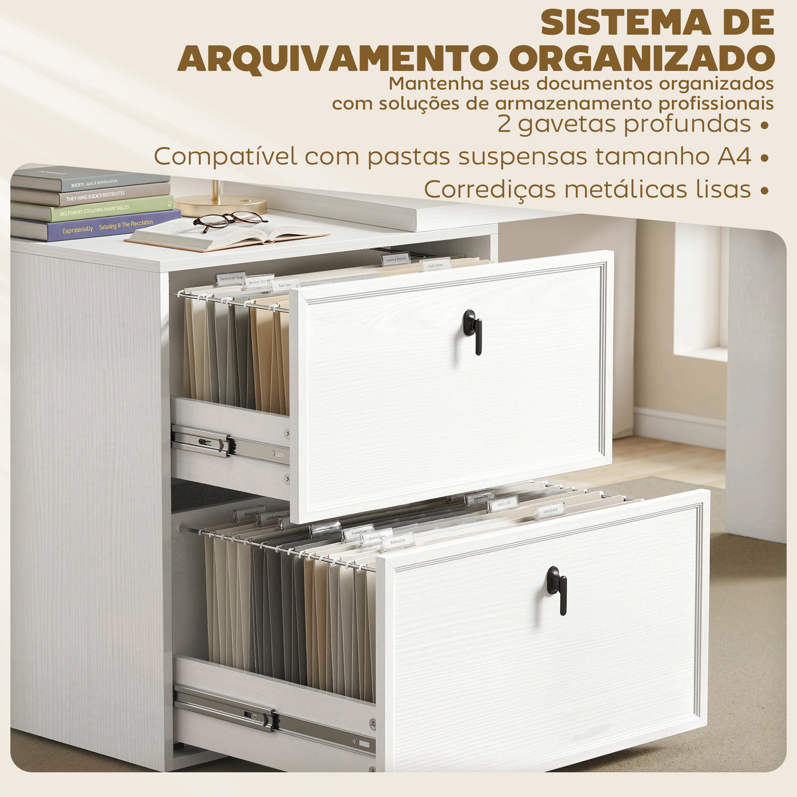 Secretária reversível em forma de l com 2 gavetões arquivadores, design moderno para espaços pequenos, escritório branco