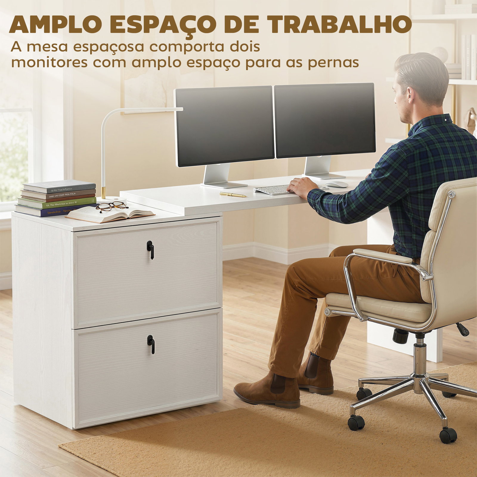 Secretária reversível em forma de l com 2 gavetões arquivadores, design moderno para espaços pequenos, escritório branco
