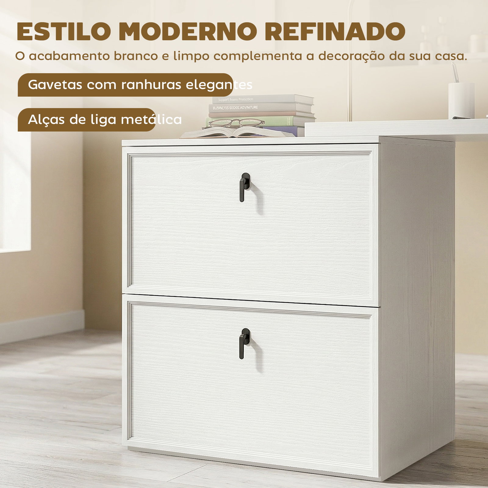 Secretária reversível em forma de l com 2 gavetões arquivadores, design moderno para espaços pequenos, escritório branco