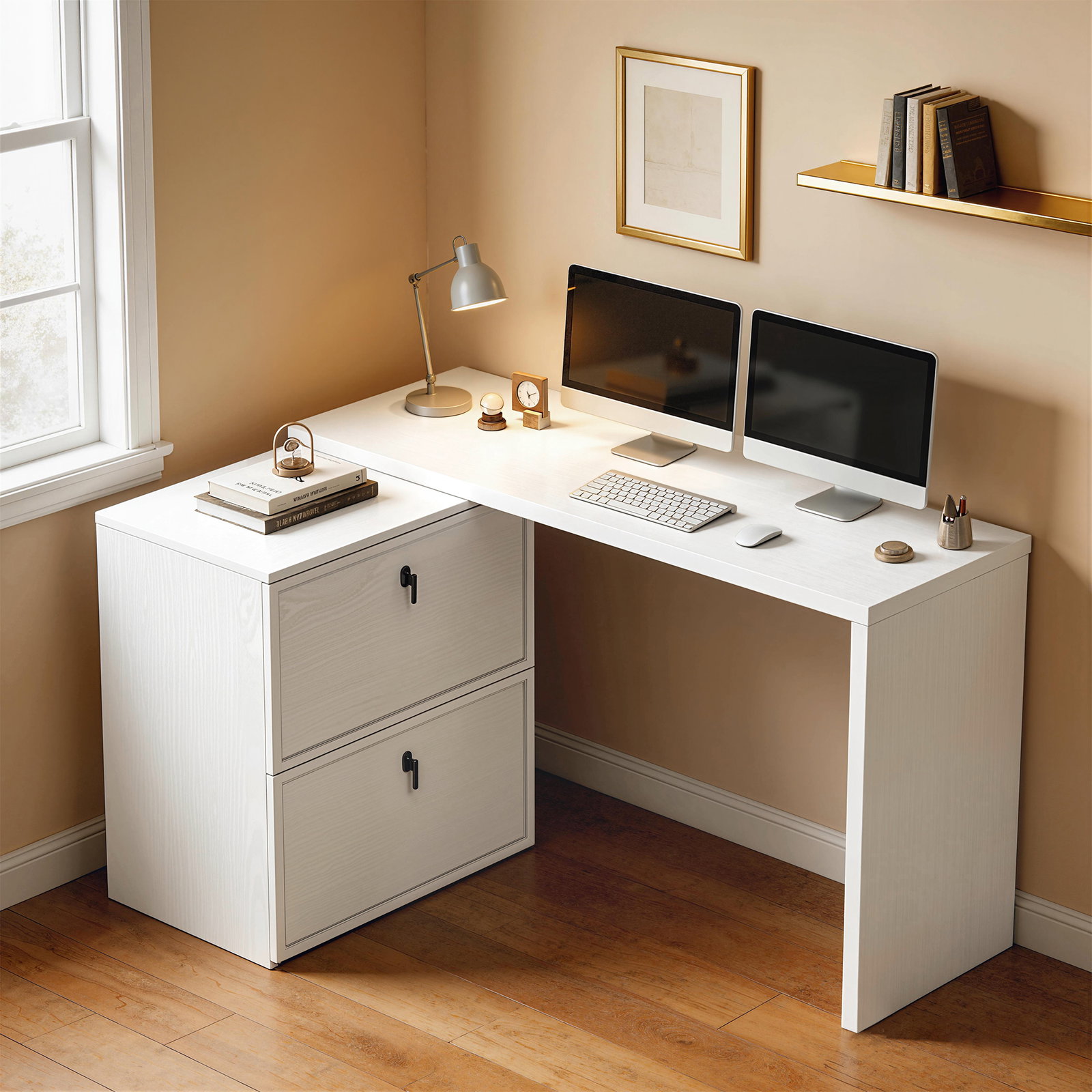 Secretária reversível em forma de l com 2 gavetões arquivadores, design moderno para espaços pequenos, escritório branco