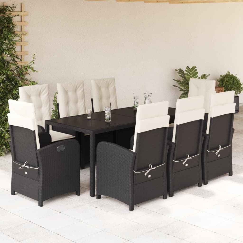 9 Pcs conjunto de jantar p/ jardim c/ almofadões vime PE preto
