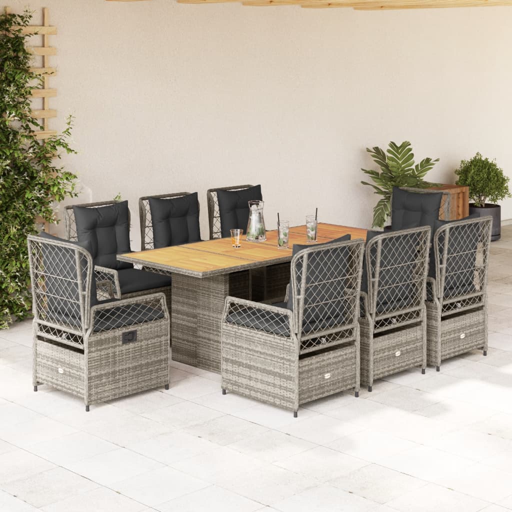9 Pcs conjunto de jantar p/ jardim c/ almofadões vime PE cinza