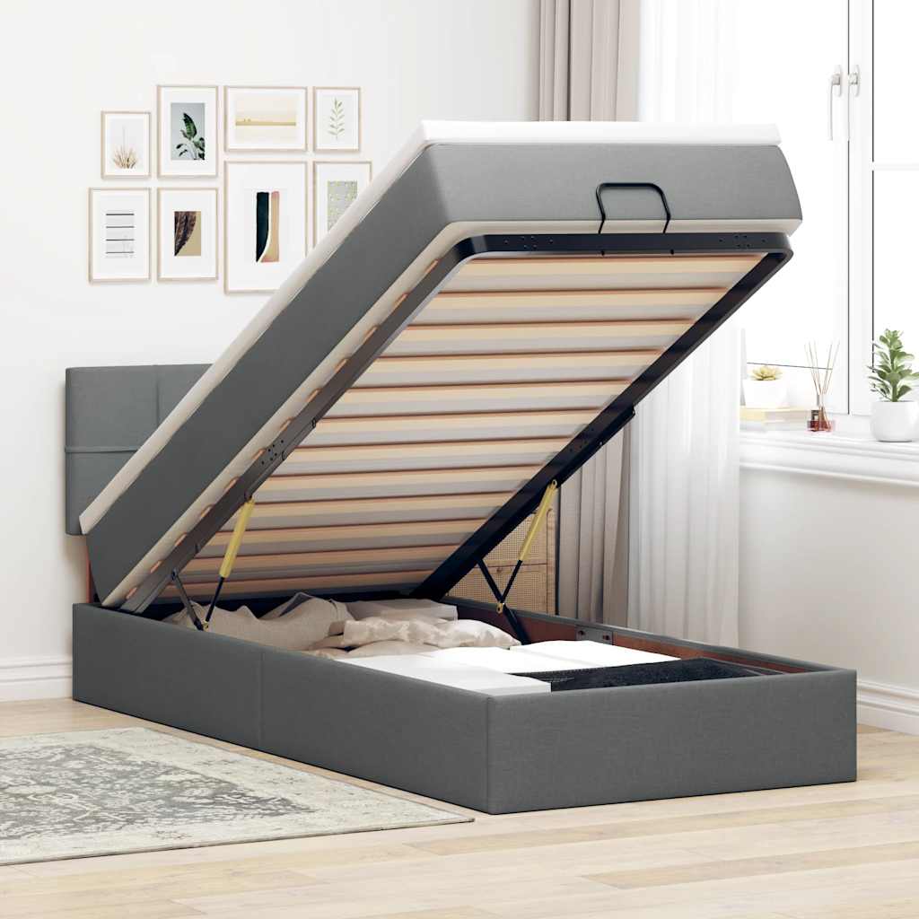 Cama otomana com colchão & leds 90x200cm tecido cinzento escuro