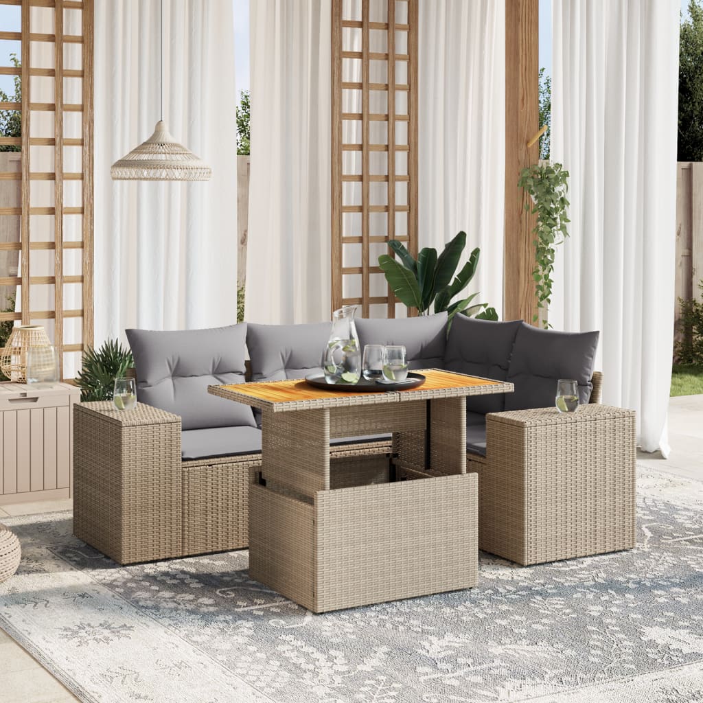 5 Pcs conjunto de sofás p/ jardim com almofadões vime PE bege