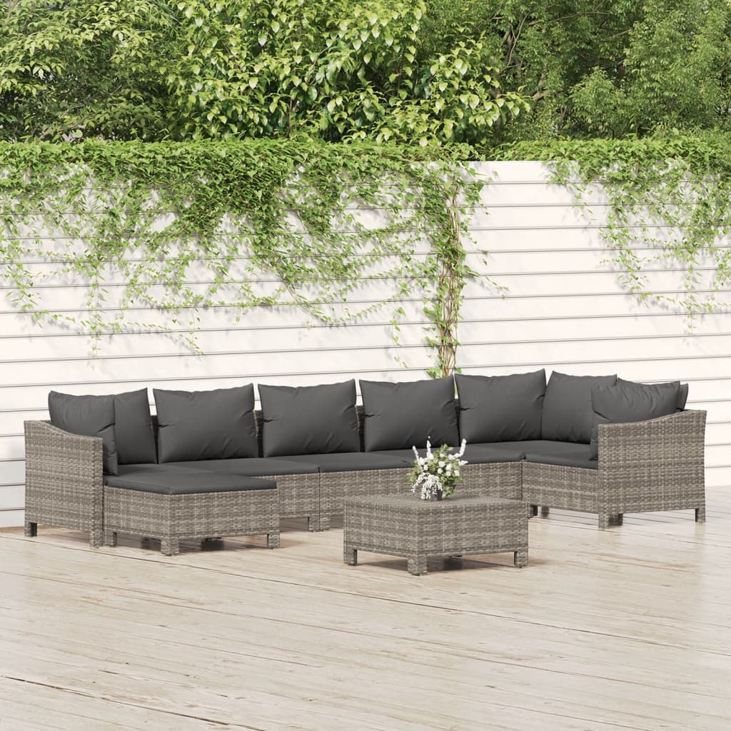 8 Pcs conjunto lounge de jardim c/ almofadões vime PE cinzento