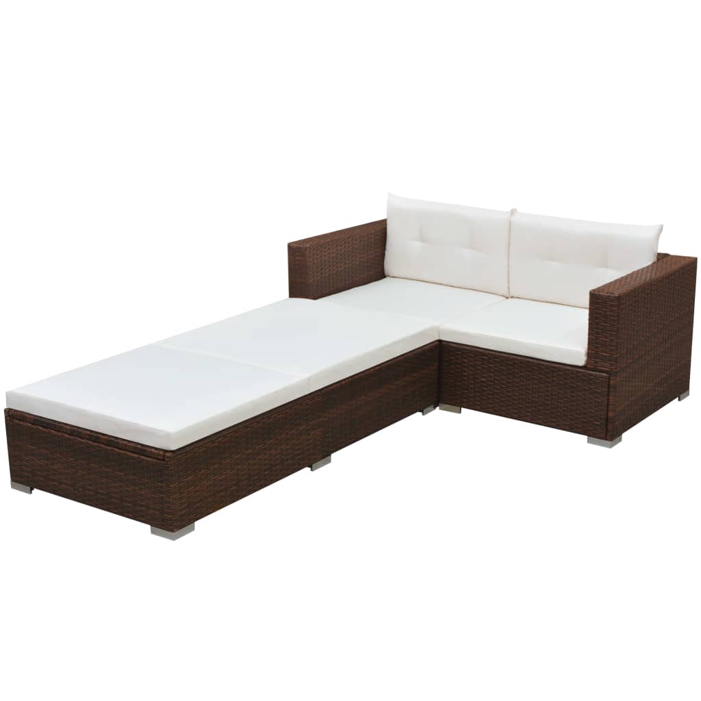 3 Pcs conjunto lounge jardim c/ almofadões vime PE castanho