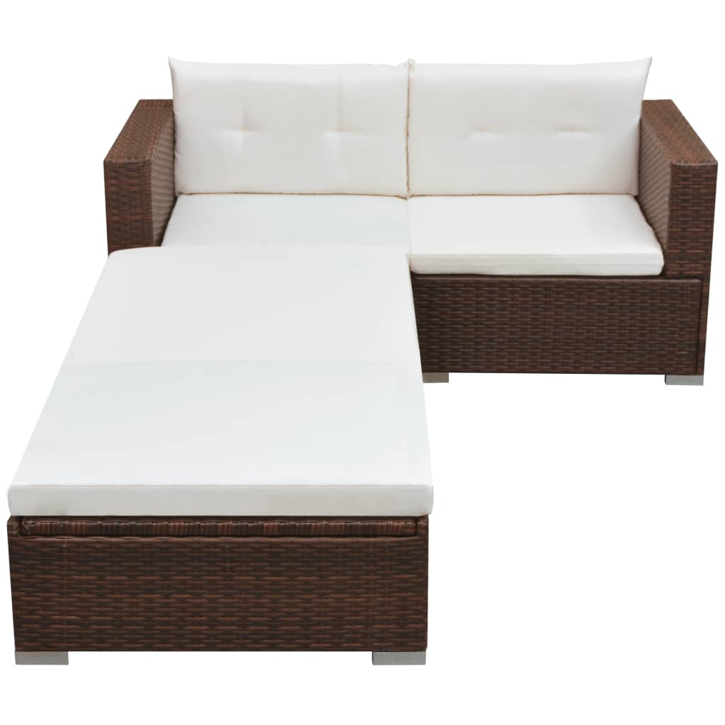 3 Pcs conjunto lounge jardim c/ almofadões vime PE castanho