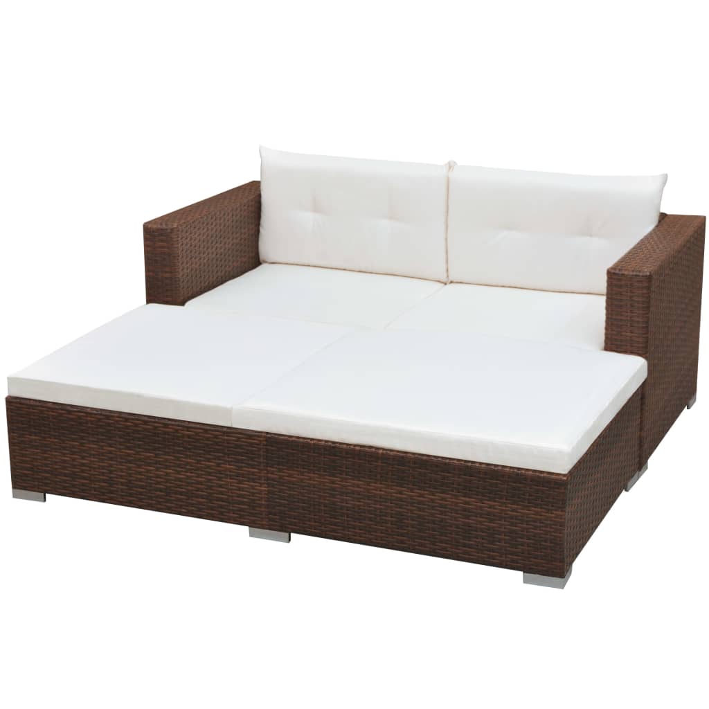 3 Pcs conjunto lounge jardim c/ almofadões vime PE castanho