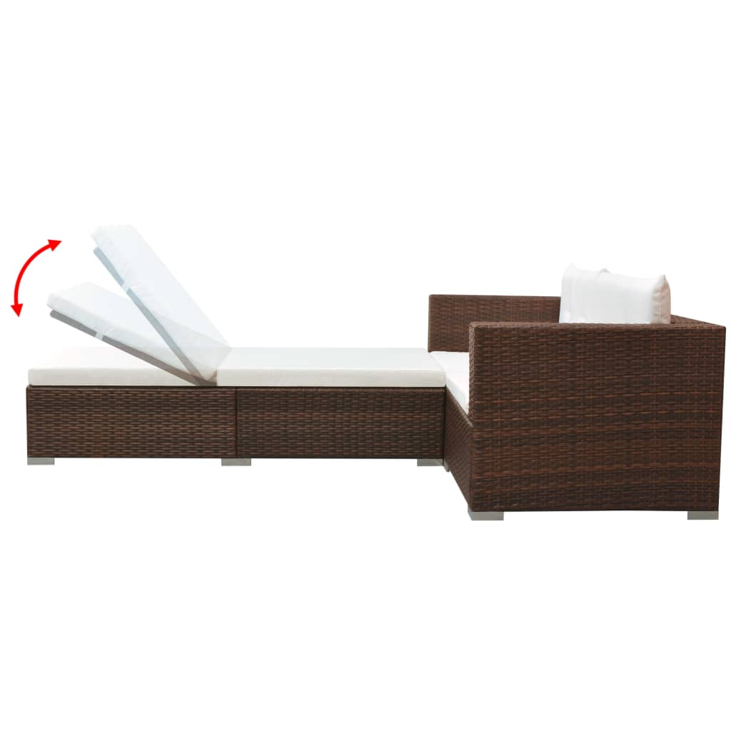 3 Pcs conjunto lounge jardim c/ almofadões vime PE castanho