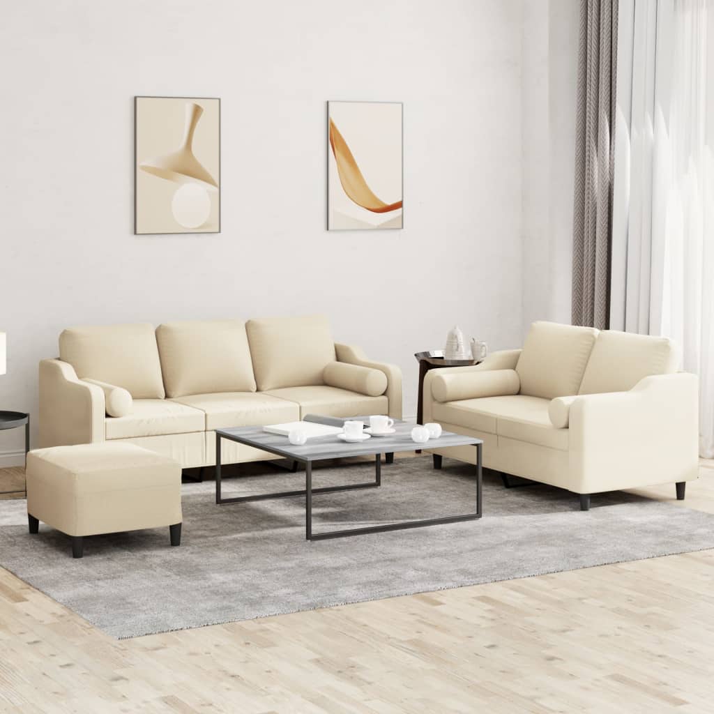 3 Pcs conjunto de sofás com almofadas tecido cor creme