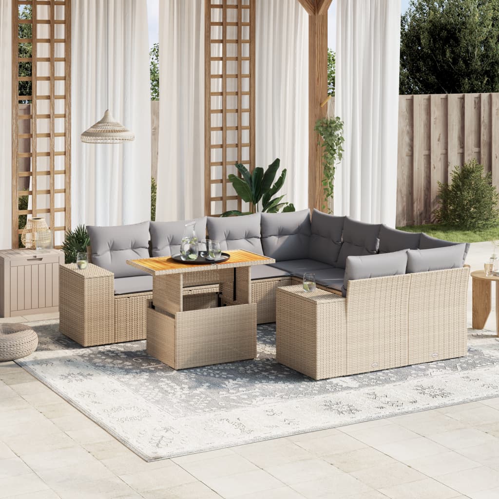 9 Pcs conjunto de sofás p/ jardim com almofadões vime PE bege