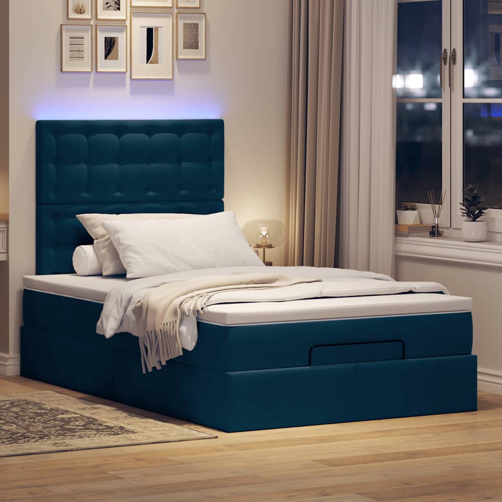 Estrutura de cama otomana com colchões azul escuro veludo